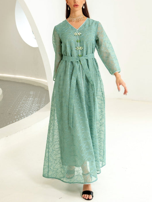 عباية بتصميم شبكي بأكمام مطرزة ورقبة على شكل V 