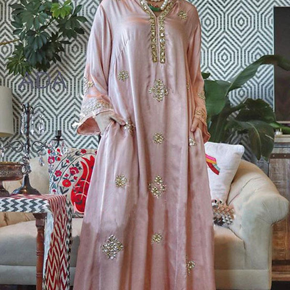 حلوة V الرقبة الذهب Gild Pink Maxi Kaftan فستان
