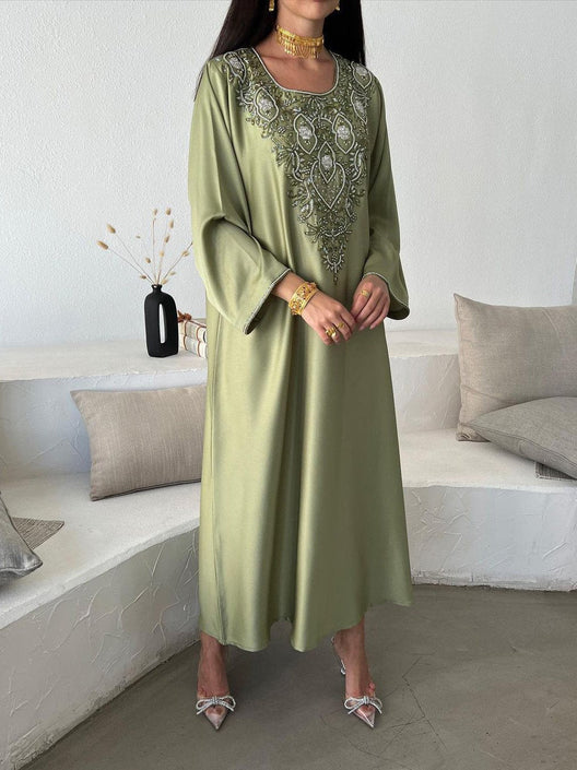 فستان رقبة مستديرة مزخرفة الأزهار ومجموعة بلوزة شبكية