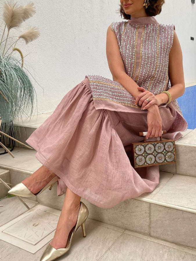 High neck sleevess pink maxi kaftan dress