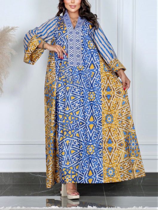 Geometric Stripe Print V-Neck Dress