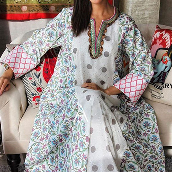 V neck dot and purple flower printed maxi dress فساتين