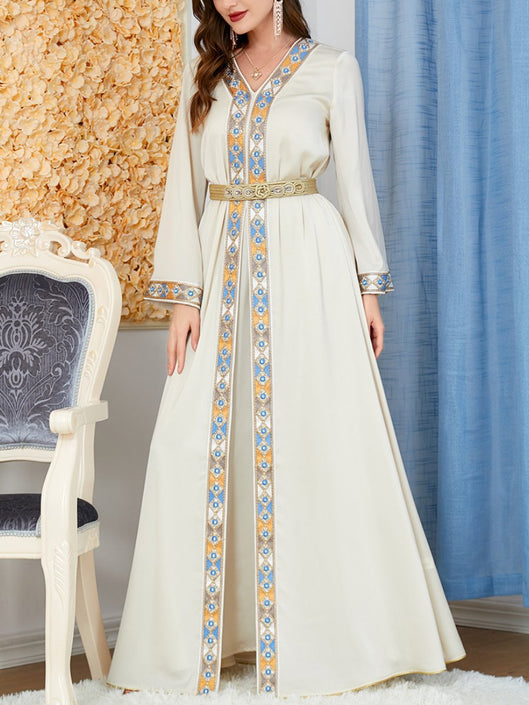 Arab National Pattern V Neck Long Sleeve Dress and Outerwear Set