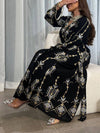 Folk Embroidery Printed V Neck Long Sleeve Gown