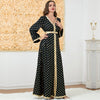 Golden Print V Neck Long Sleeve Belt Design Dress