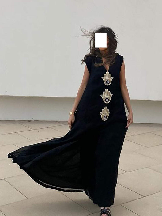 Elegant Black Embroidered V-Neck Sleeveless Dress