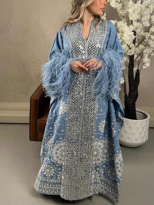 Blue Floral with Fur Trim Long Sleeve Kaftan
