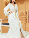 Golden Print V Neck Long Sleeve Belt Design Dress
