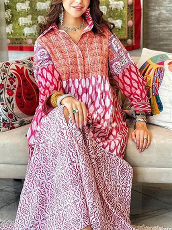 فستان قفطان طويل مطبوع باللونين الوردي والوردي