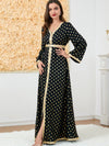 Golden Print V Neck Long Sleeve Belt Design Dress