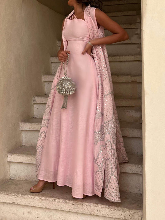 طقم فستان وردي سهل الارتداء وطقم خارجي بطباعة لامعة