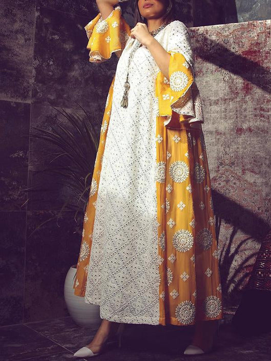 Round neck yellow pattern printed lace joint maxi kaftan dress