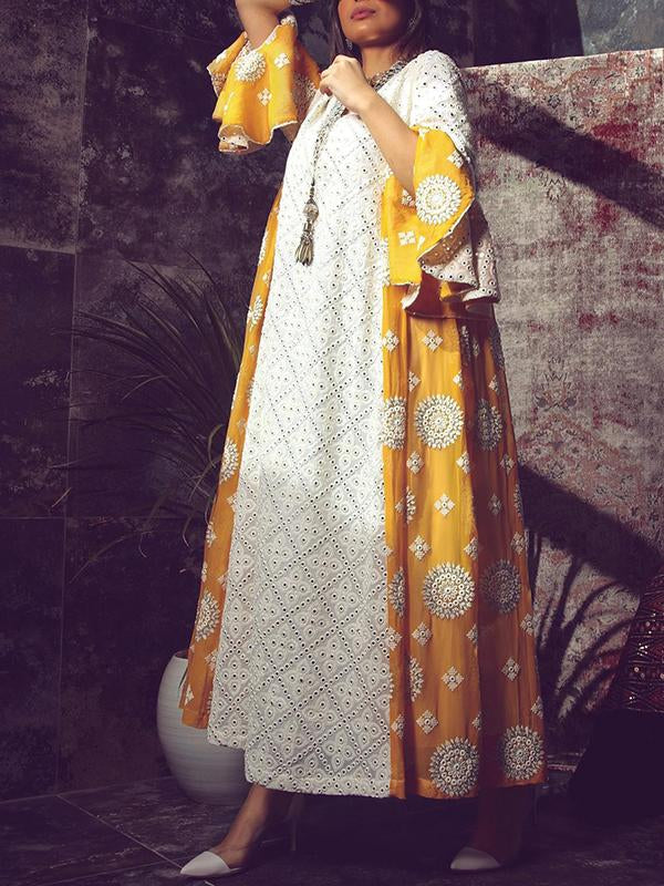 Round neck yellow pattern printed lace joint maxi kaftan dress