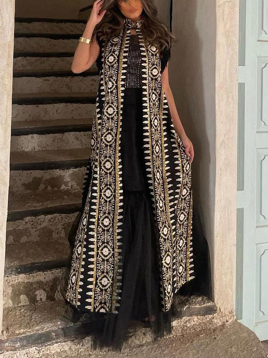 Ethnic Floral Print Mesh Dress and Outwear Two-Piece Set