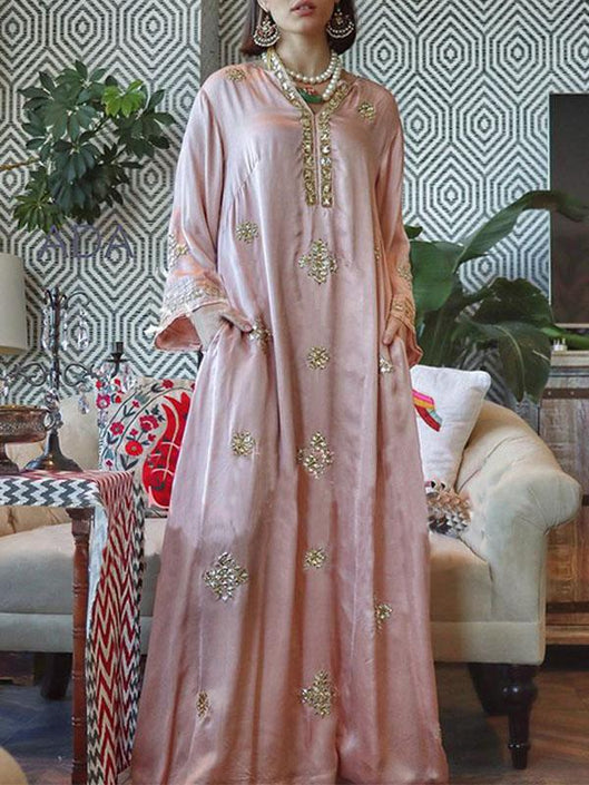 حلوة V الرقبة الذهب Gild Pink Maxi Kaftan فستان