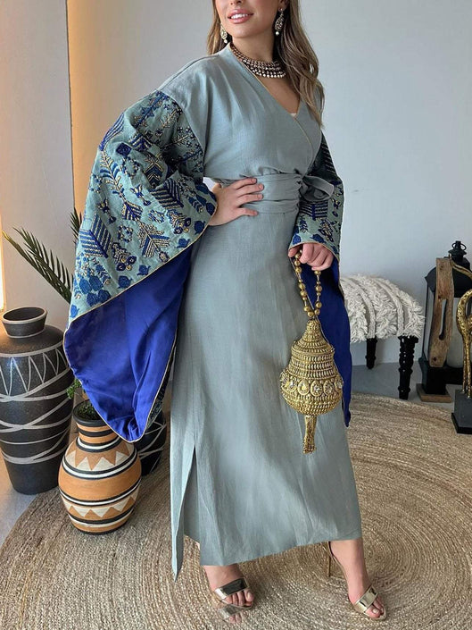 Elegant Embroidered Gold Trim V-Neck Dress