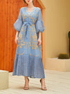 Bubble Sleeve Pleated Design Golden Print V Neck Gown