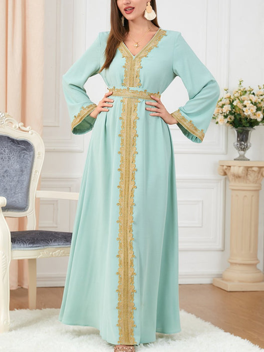 نمط التطريز ربط تصميم الخامس الرقبة كم طويل فستان أخضر 