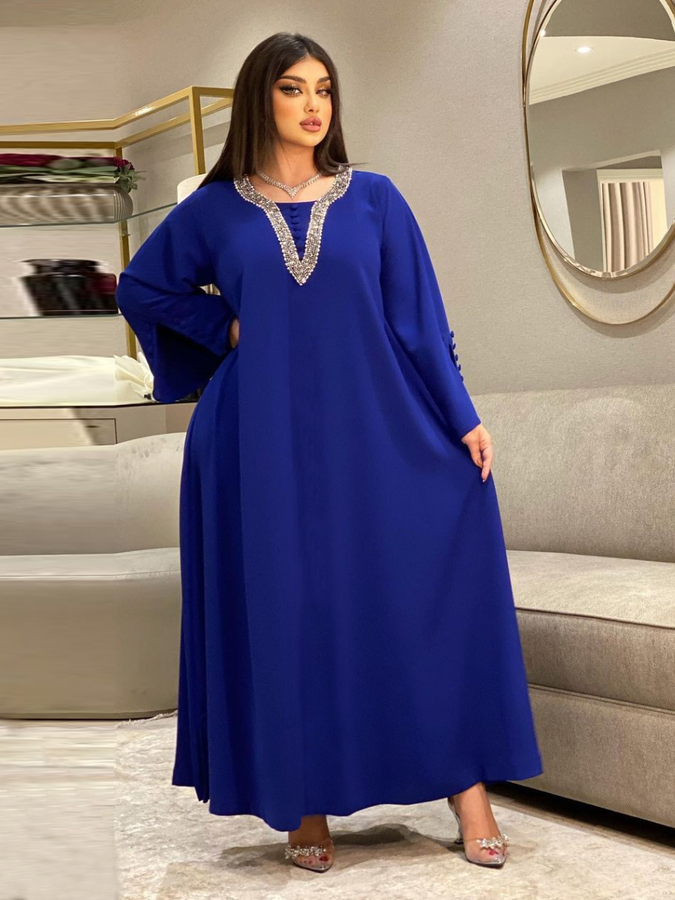 كامل حجر الراين الرقبة طويلة الأكمام ثوب سيدة فضفاضة 