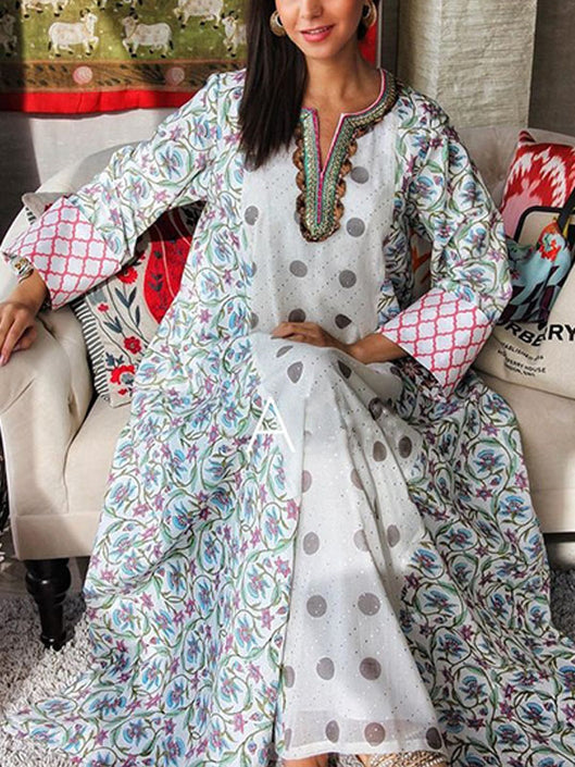 V neck dot and purple flower printed maxi dress فساتين