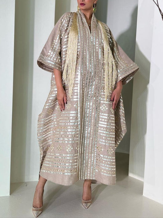 Golden Print Tassel Design V Neck Elegant Lady Gown