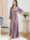 Velvet Printed V Neck Split Long Sleeve Party Gown