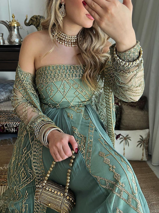 Mesh Embroidered Strapless Dress and Outer Two-Piece Set