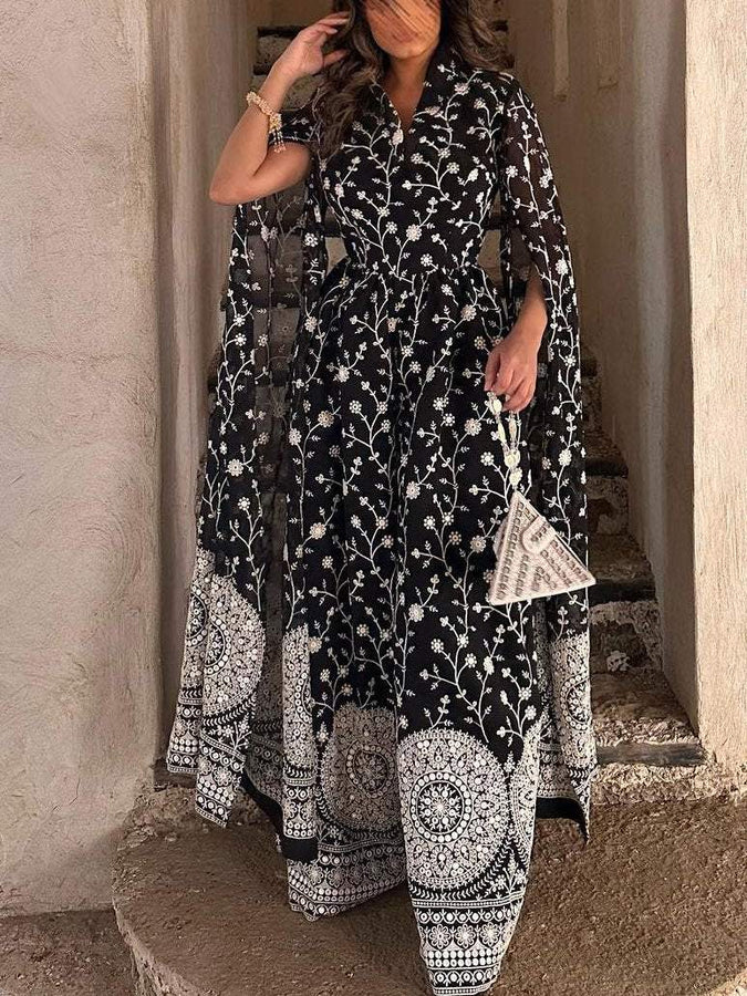 فستان عرقي بطبعة زهور وياقة على شكل حرف V ومجموعة ملابس خارجية مكونة من قطعتين