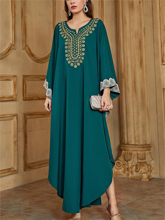 Elegant Ethnic Geometric Embroidered Batman Sleeve Kaftan