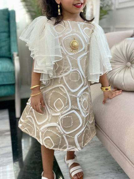 Line Print Bubble Sleeve Round Neck Children's Dress
