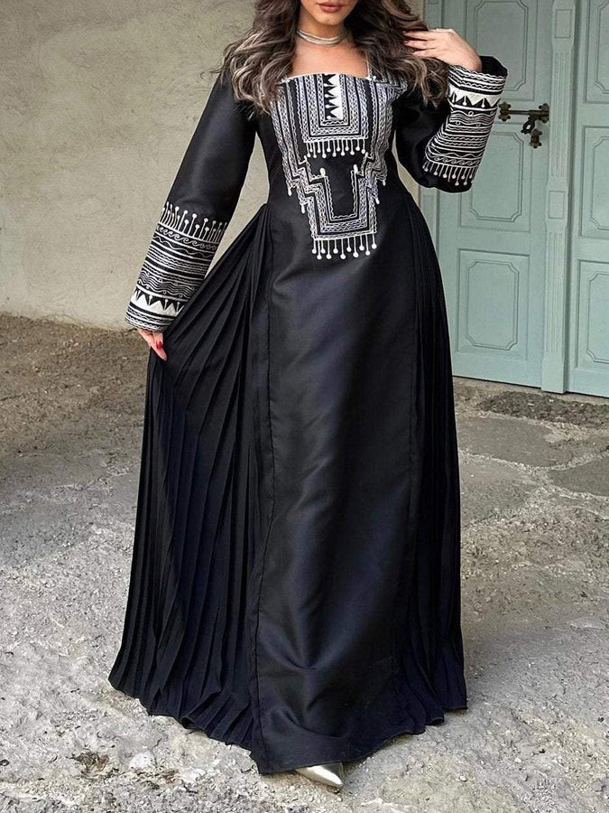 Striped Embroidery Square Neck Long Sleeve Elegant Dress
