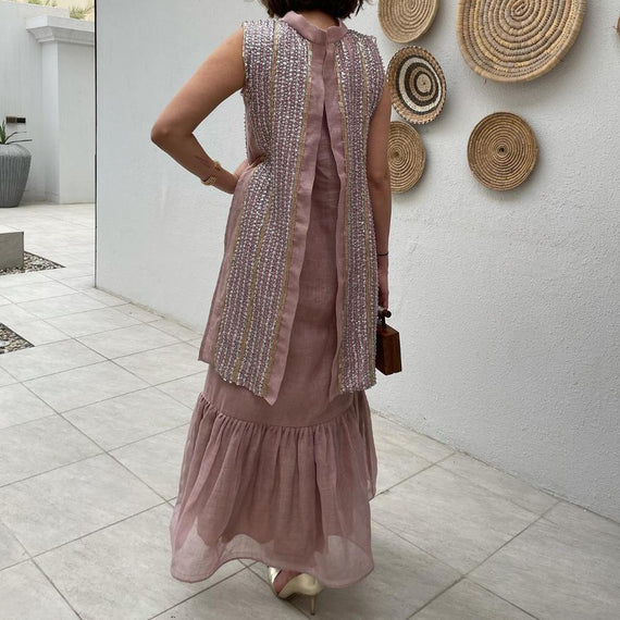 High neck sleevess pink maxi kaftan dress