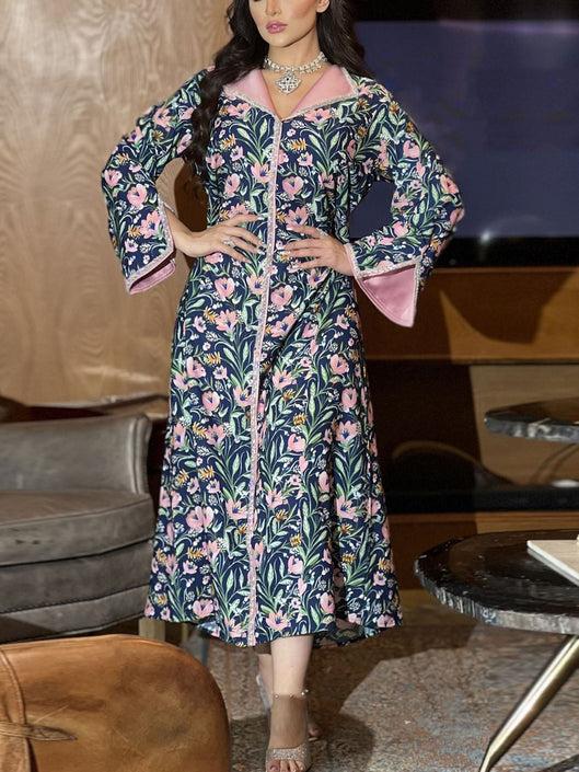 قفطان بنمط الأزهار وطية صدر السترة وأكمام طويلة 