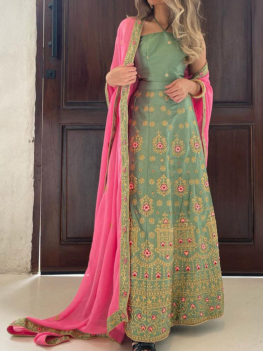 طقم كارديجان دانتيل وردي + فستان مطرز طقم قطعتين