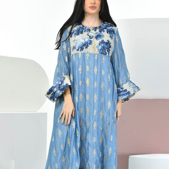 Round neck blue satin Ramadan dress فساتين