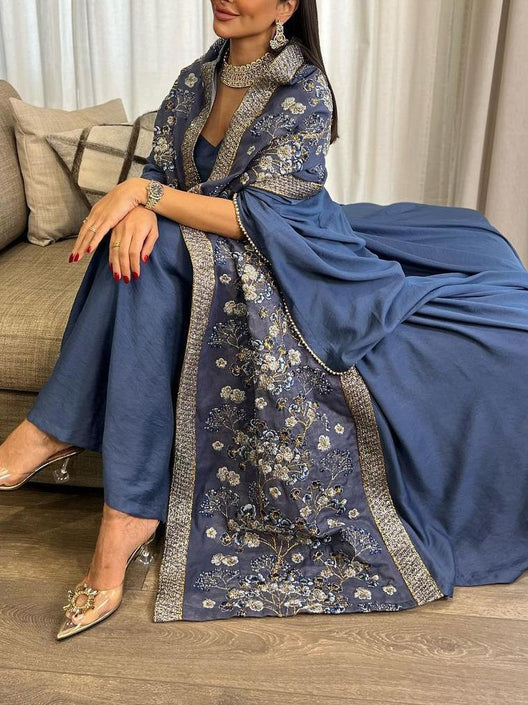 Floral Embroidered Crew Neck Dress and OutwearTwo-Piece Set