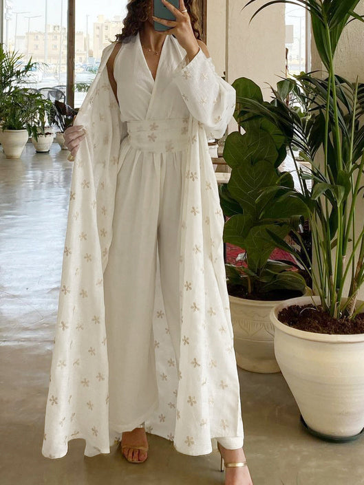 طقم بذلة كتان هالتر + سترة صوفية مطبوعة مكونة من قطعتين