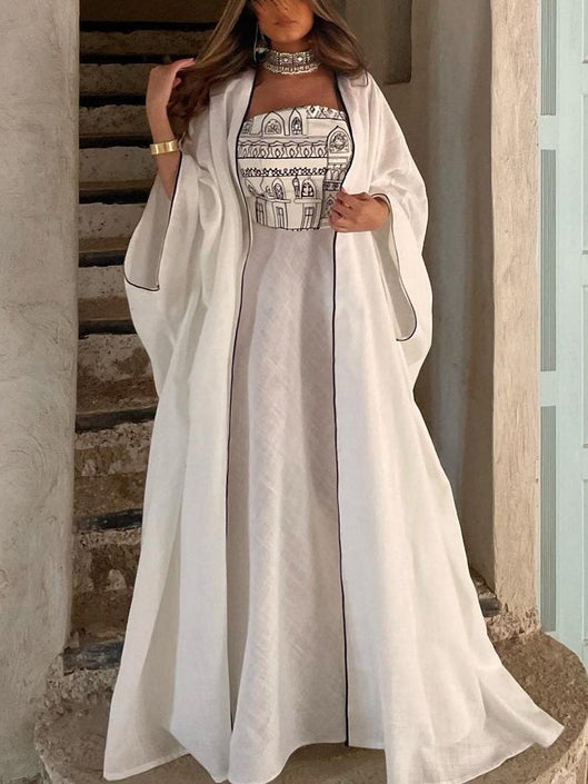 White Ethnic Embroidered Dress and OutwearTwo-Piece Set