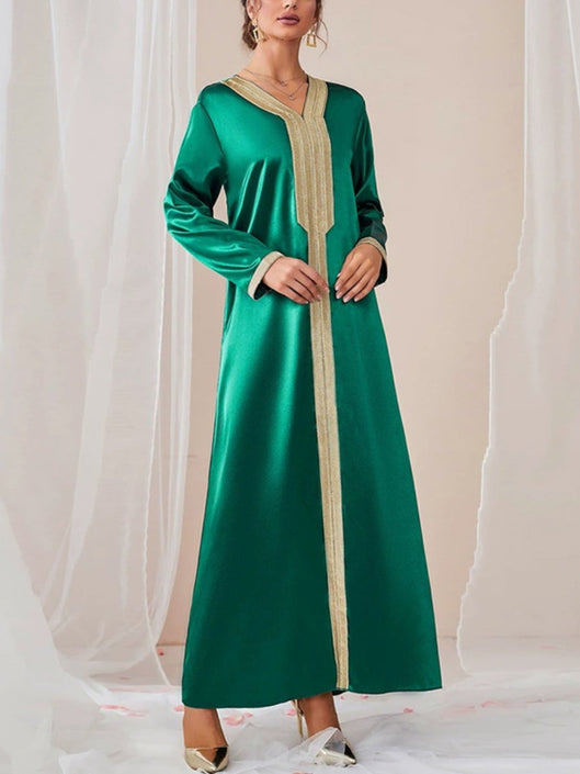 Simple Satin V Neck Solid Color Long Sleeve Party Gown