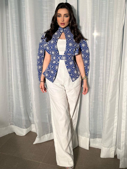 Elegant Ethnic Snowflake Print Jumpsuit and Outwear Two-Piece Set