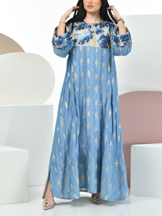 Round neck blue satin Ramadan dress فساتين