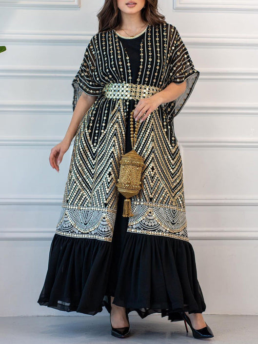 Elegant Round Neck Dress and Sequin Tunic Set