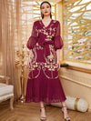 Bubble Sleeve Pleated Design Golden Print V Neck Gown