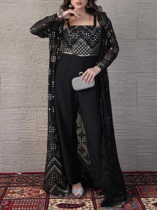 Sequins Grid Print Shoulder Strap Jumpsuit and Outerwear