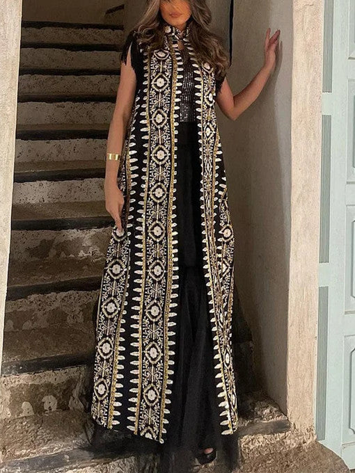 Ethnic Floral Print Mesh Dress and Outwear Two-Piece Set