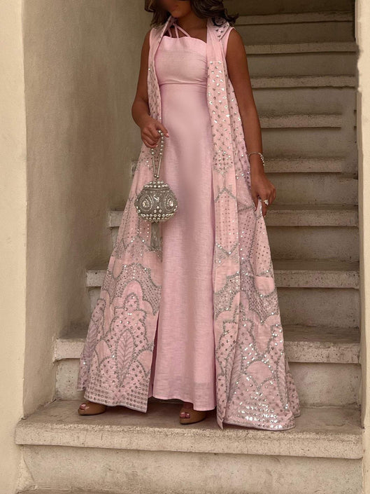 فستان زلة وردي ومجموعة خارجية بريق طباعة