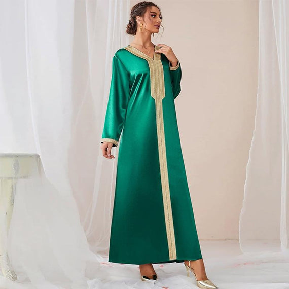 Simple Satin V Neck Solid Color Long Sleeve Party Gown