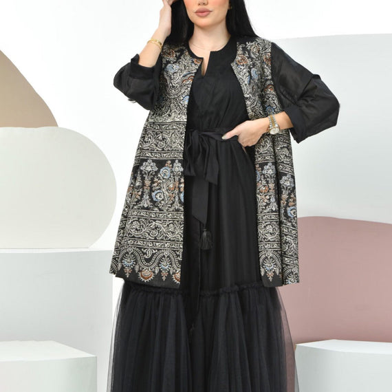 Ramdan black pattern outerwear & mesh dress set فساتين